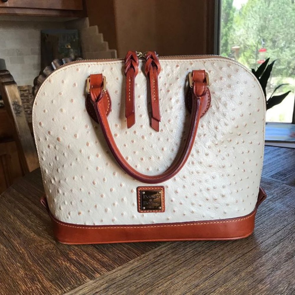 Dooney & Bourke Leather Handbag Purse Zip Zip White Brown Ostrich New w/o Tags